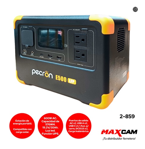 [2-859] GENERADOR ENERGIA PORTATIL 600W AC PECRON 2-859