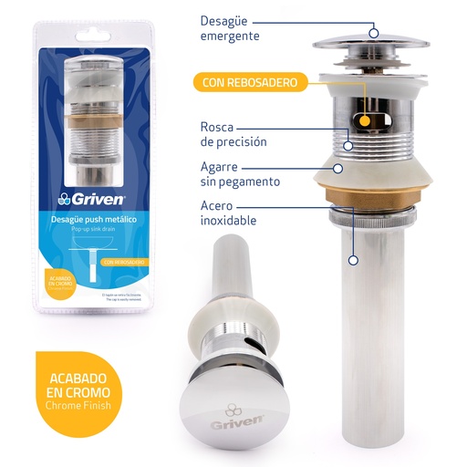 [4-010] [4-010] DESAGUE LAV METALICO PUSH CON REBOSADERO GRIVEN 4-010