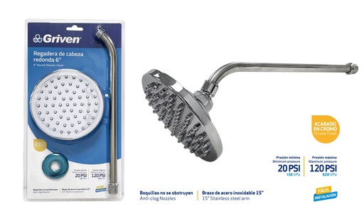 [4-113] REGADERA REDONDA 6¨ C/TUBO GRIVEN (BLISTER) 4-113