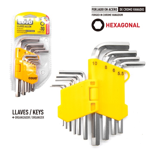 [4-219] LLAVE ALLEN HEXAGONAL 10 PCS MILIMETRICA COVO 4-219