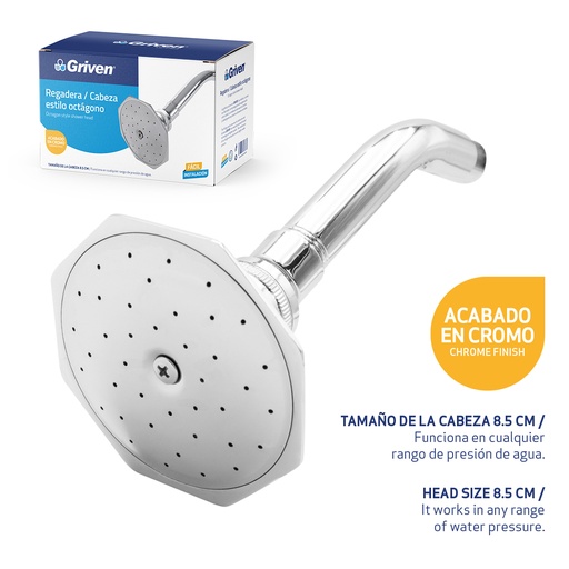 [4-245] REGADERA OCTAGON 3.5" METALICA C/TUBO GRIVEN 4-245