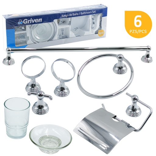 [4-592] ACCESORIO DE BAÑO 6 PIEZAS METALICO GRIVEN 4-592