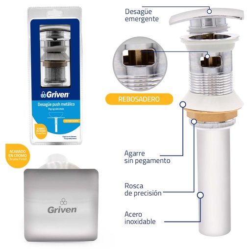 [4-657] DESAGUE LAV PUSH METAL CUADRADO CON REBOSADERO GRIVEN 4-657
