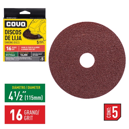 [4-748] DISCO DE LIJA 4-1/2" GRANO 16 x 5 UNID COVO 4-748