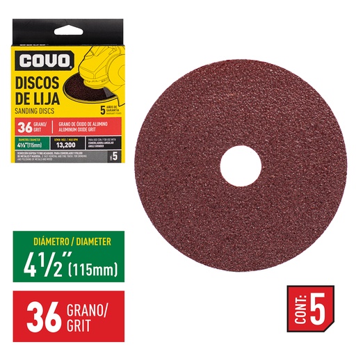 [4-750] DISCO DE LIJA 4-1/2" GRANO 36 x 5 UNID  COVO 4-750