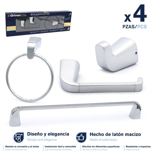 [9-229] ACCESORIO DE BAÑO 4 PZAS METALICO GRIVEN ELITE 9-229