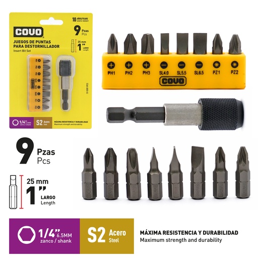 [9-283] JUEGO DE PUNTAS 1" X 9 PCS COVO 9-283