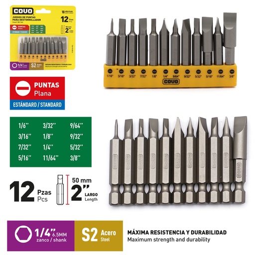 [9-284] JUEGO DE PUNTAS PLANAS 2" X 12 PCS COVO 9-284