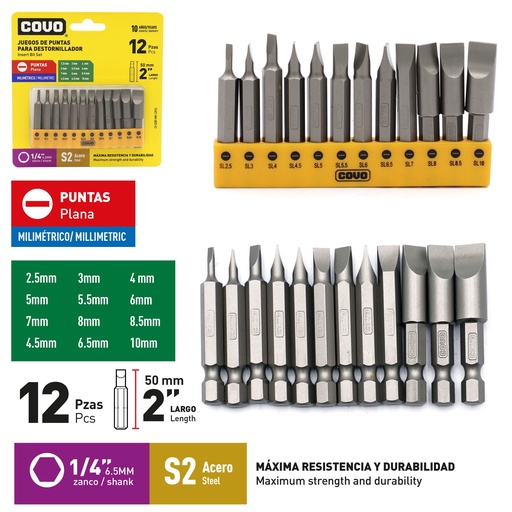 [9-285] JUEGO DE PUNTAS PLANA 2" X 12 PCS COVO 9-285