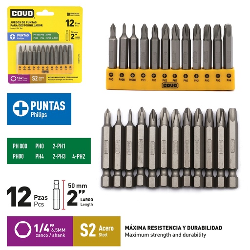 [9-286] JUEGO DE PUNTAS ESTRIA 2" X 12 PCS COVO 9-286