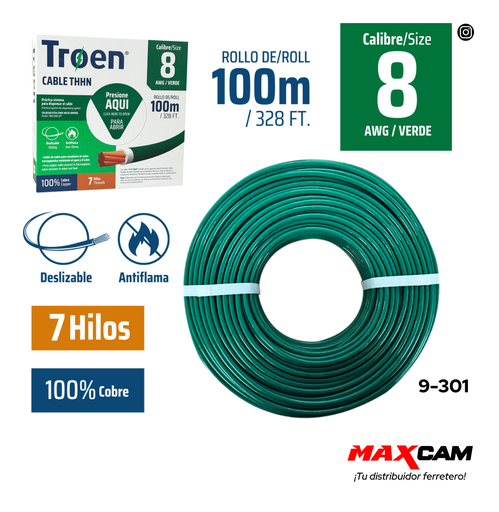 [9-301] CABLE THHN 8 VERDE 100MTS 100% COBRE TROEN 9-301