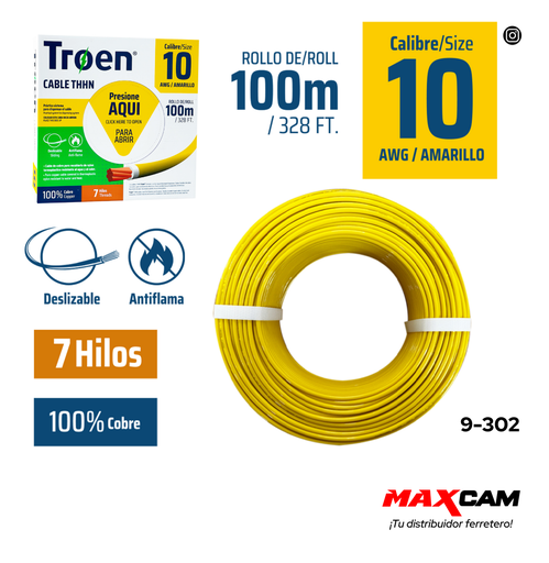 [9-302] CABLE THHN 10 AMARILLO 100MTS 100% COBRE TROEN 9-302