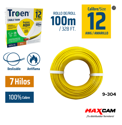 [9-304] CABLE THHN 12 AMARILLO 100MTS 100% COBRE TROEN 9-304