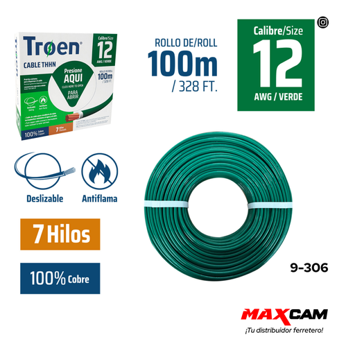 [9-306] CABLE THHN 12 VERDE 100MTS 100% COBRE TROEN 9-306