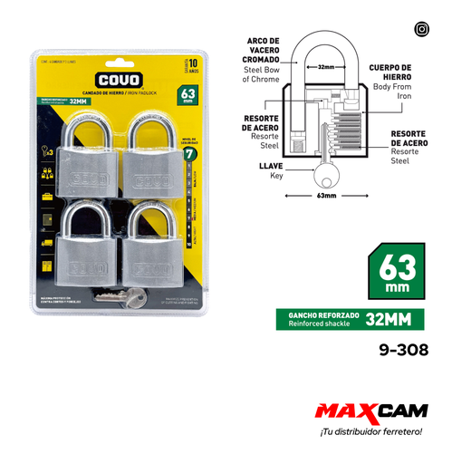 [9-308] CANDADOS IGUALADOS 63MM x 4PCS COVO 9-308