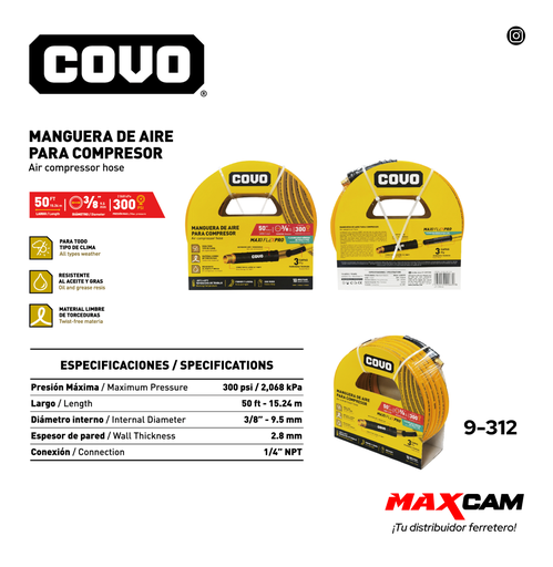 [9-312] MANGUERA DE AIRE P/COMPRESOR 3/8" x 15.24 MTS COVO 9-312