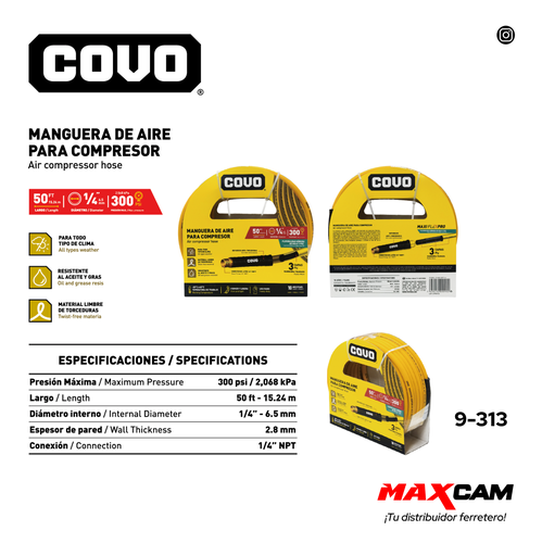 [9-313] MANGUERA DE AIRE P/COMPRESOR 1/4" x 15.24 MTS COVO 9-313
