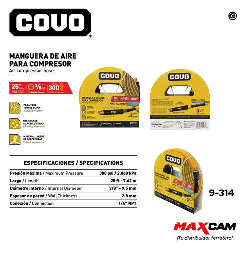 [9-314] MANGUERA DE AIRE P/COMPRESOR 3/8" x 7.62 MTS COVO 9-314