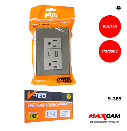 [9-385] TOMA DOBLE C/TIERRA C/PUERTO USB + TIPO C GRIS V-TEG 9-385