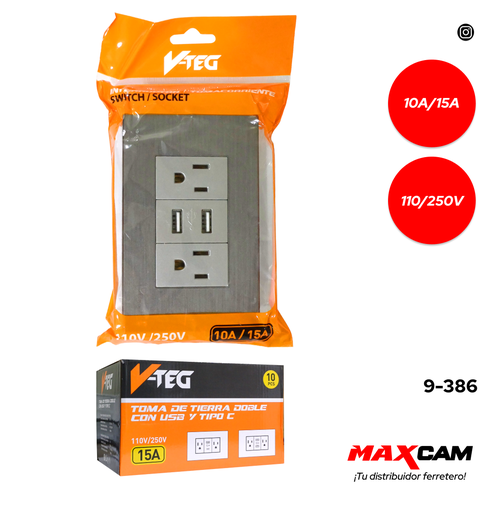 [9-386] TOMA DOBLE C/TIERRA C/PUERTO USB GRIS V-TEG 9-386