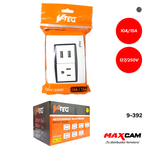 [9-392] TOMA C/TIERRA C/PUERTO USB BLANCO V-TEG 9-392