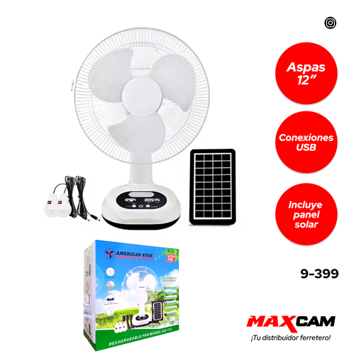 [9-399] VENTILADOR RECARGABLE 12" C/PANEL SOLAR 9-399