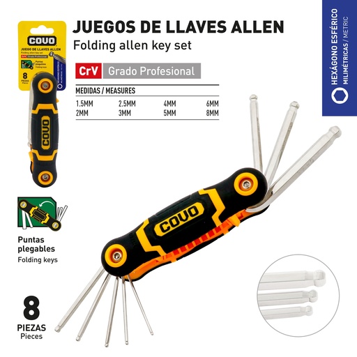 [9-474] LLAVE ALLEN HEXAGONAL ESFERICO 8 PCS MILIMETRICA COVO 9-474