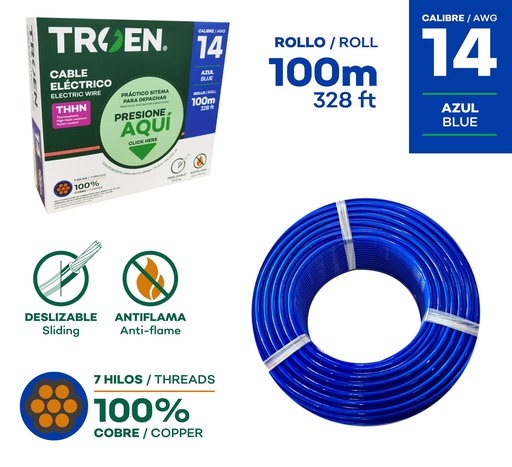[9-508] CABLE THHN 14 AZUL 100MTS 100% COBRE TROEN 9-508