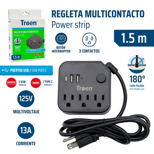 [9-521] REGLETA 3T + 2USB + 1 T/C NEGRA TROEN 9-521