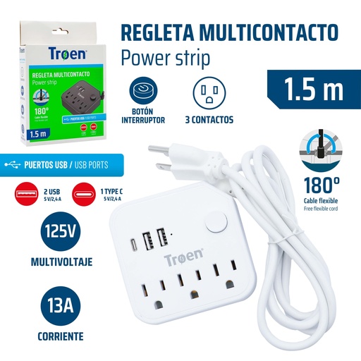 [9-522] REGLETA 3T + 2USB + 1 T/C BLANCA TROEN 9-522