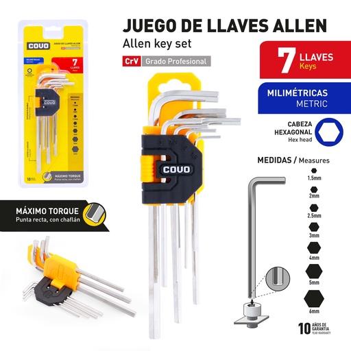 [9-529] LLAVE ALLEN HEXAGONAL 7 PCS MILIMETRICA COVO 9-529