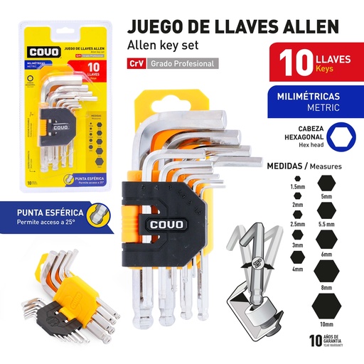 [9-530] LLAVE ALLEN HEXAGONAL ESFERICO 10 PCS MILIMETRICA COVO 9-530