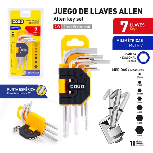 [9-532] LLAVE ALLEN HEXAGONAL ESFERICO 7 PCS MILIMETRICA COVO 9-532