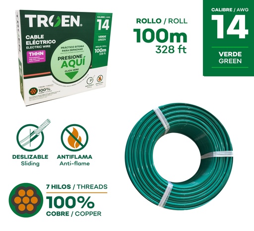 [9-595] CABLE THHN 14 VERDE 100MTS 100% COBRE TROEN 9-595