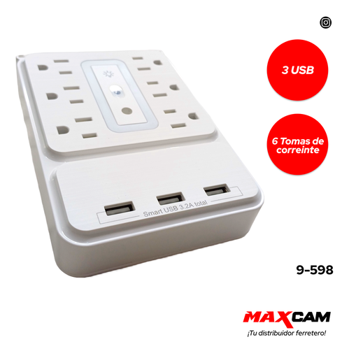 [9-598] REGLETA 6 TOMAS + 3 PUERTO USB C/BASE V-TEG 9-598