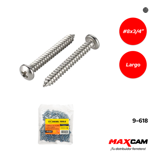 [9-618] TORNILLO AUTORROSCANTE CABEZA PAN 8 x 3/4" x 100 UNID DIESEL T 9-618