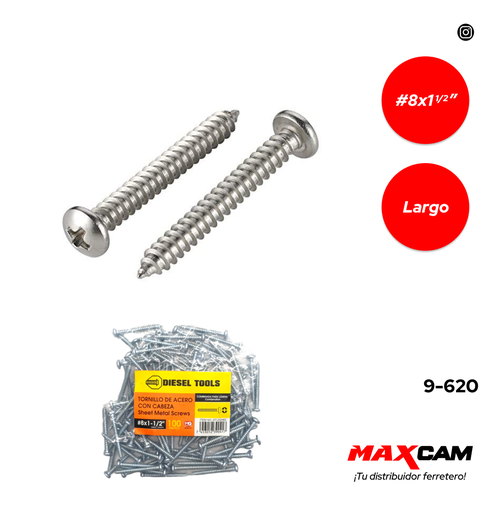 [9-620] TORNILLO AUTORROSCANTE CABEZA PAN 8 x 1 1/2" x 100 UNID DIESEL T 9-620