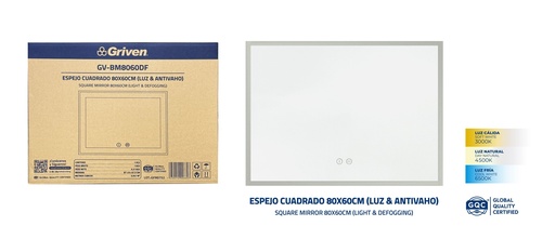 [9-697] ESPEJO C/LUZ Y ANTIVAHO 80 x 60CM GRIVEN 9-697