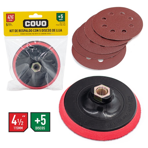 [4-825] KIT SOPORTE CON 5 UNID DISCO LIJAS 5" COVO 4-825