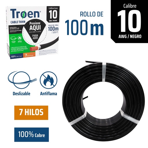 [4-873] CABLE THHN 10 NEGRO 100MTS 100% COBRE TROEN 4-873