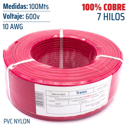 [4-874] CABLE THHN 10 ROJO 100MTS 100% COBRE TROEN 4-874