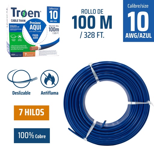 [4-875] CABLE THHN 10 AZUL 100MTS 100% COBRE TROEN 4-875