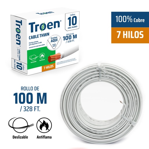 [4-876] CABLE THHN 10 BLANCO 100MTS 100% COBRE TROEN 4-876