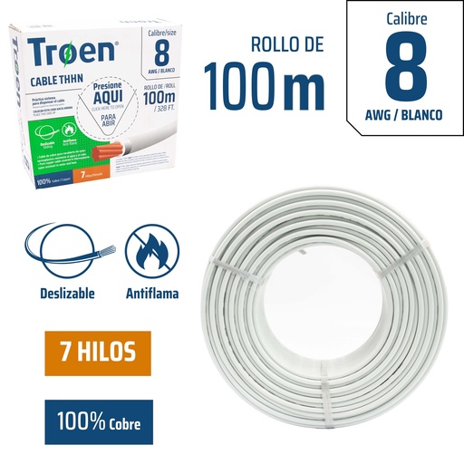 [4-880] CABLE THHN 8 BLANCO 100MTS 100% COBRE TROEN 4-880