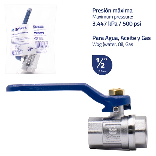 [5-051] VALVULA PASO CROMADA x 1/2" GRIVEN 5-051