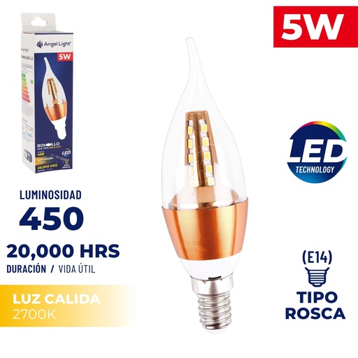 [5-078] BOMBILLO VELA LED 5W LUZ CALIDA  E14 85-265V 5-078