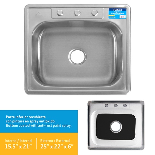 [5-109] FREGADERO ACERO INOX SENCILLO 64X56CM GRIVEN 5-109