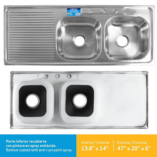 [5-111] FREGADERO ACERO INOXIDABLE DOBLE C/ESC 120X50CM GRIVEN 5-111