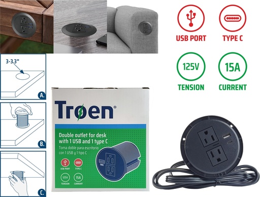 [8-218] TOMA DOBLE EXTRAIBLE C/USB C/TIP C TROEN 8-218