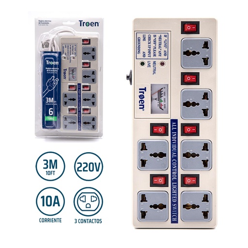 [8-237] REGLETA 6 TOMAS C/MEDIDOR TROEN 8-237